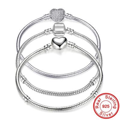 Big Sale Handmade Pan Bracelets for Women Original 925 Silver Heart Snake Chain Bangle Bracelet DIY Jewelry Fit Beads
