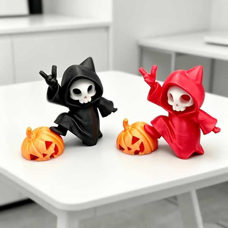 1Pcs Halloween Skeleton Ghost Figurine With Pumpkin Decor Cute Hooded Skull Statue For Home Desktop Party Ornament Gift