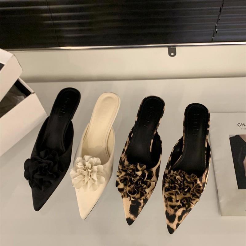 Baotou satin apricot heel wearing slippers fairy semi-thick temperament shoes flowers