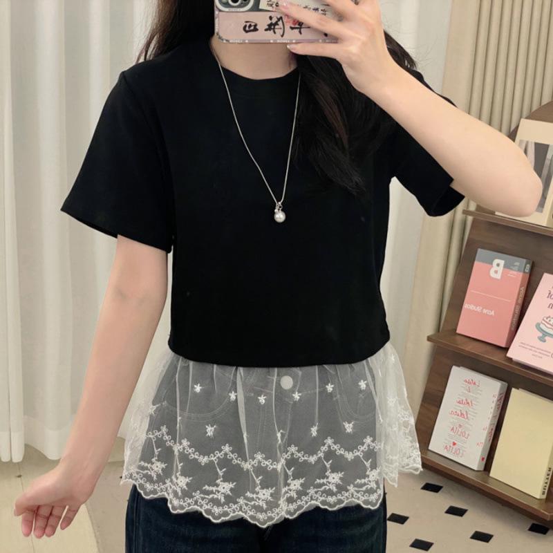 Women's Plus Size Lace Patchwork Short Sleeve Casual T-Shirt