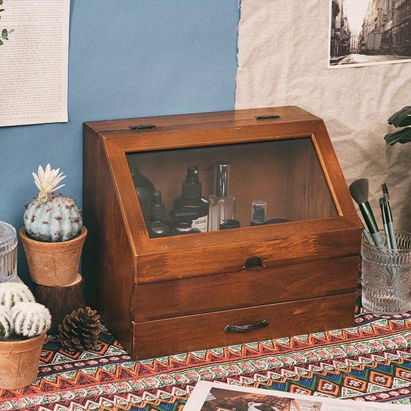 35*27*23cm1pc Vintage Women's Jewelry Wood Drawer Storage Box with Glass lid,Nordic Retro Style Dust-proof Sorting Makeup Cabinets.