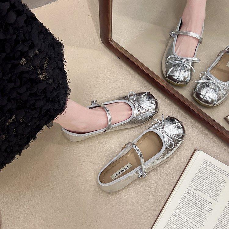 French ballet style flat-soled single shoes women's 2025 summer new bow with skirt one-word buckle belt Mary Jane shoes