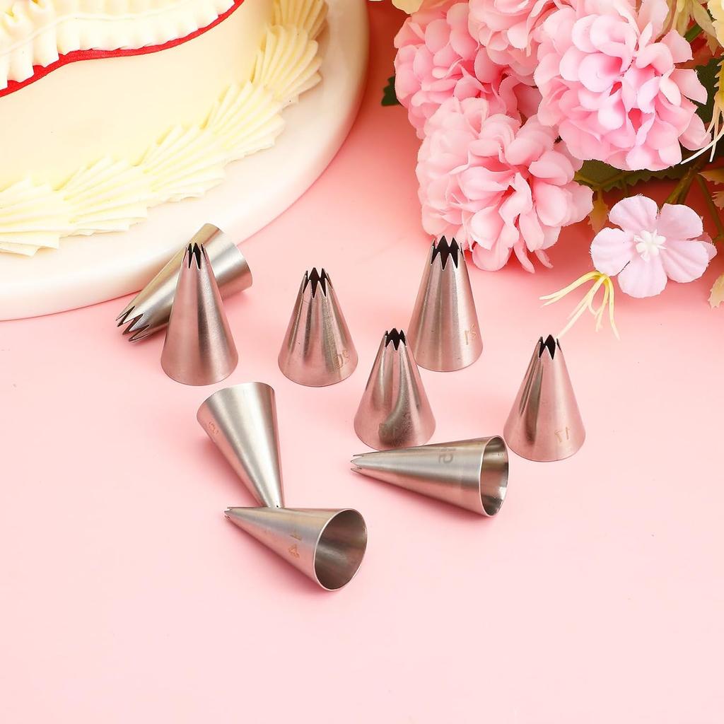 JIEYAO 9 Piece Stainless Steel Star Piping Tips Set, French Open Star Tube Frosting Nozzle Kit Pastry Decorating Tips for Cupcakes Cakes Cookies