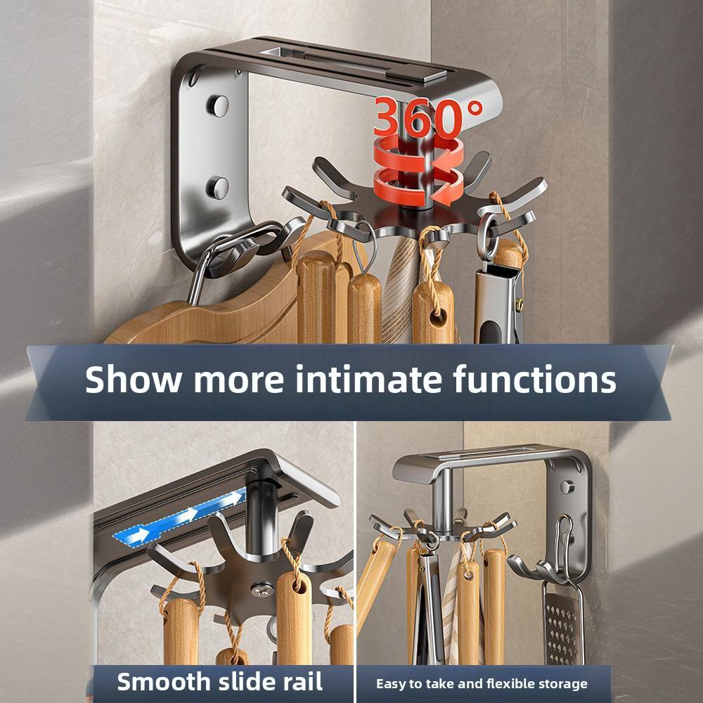 Kitchen Rotating Hook No Punching Wall Mounted Corner Multifunctional Storage Shelf Spoon Shovel Hanger