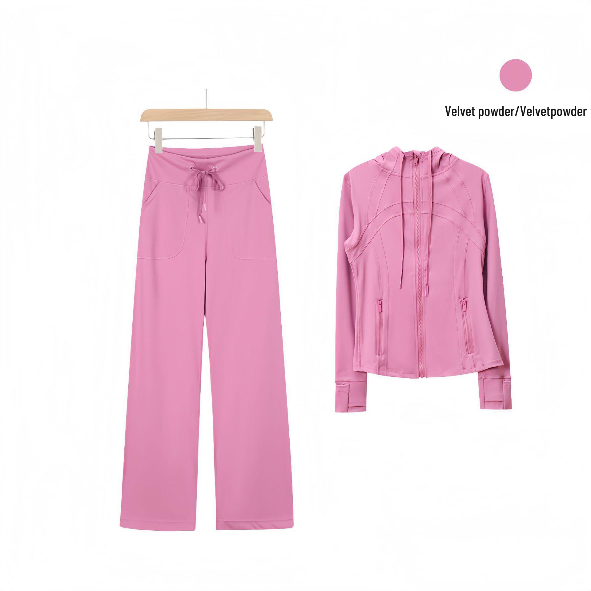 

Women s Elastic Sports Set: Hooded Jacket & Straight Pants Two-Piece for Yoga & Running S