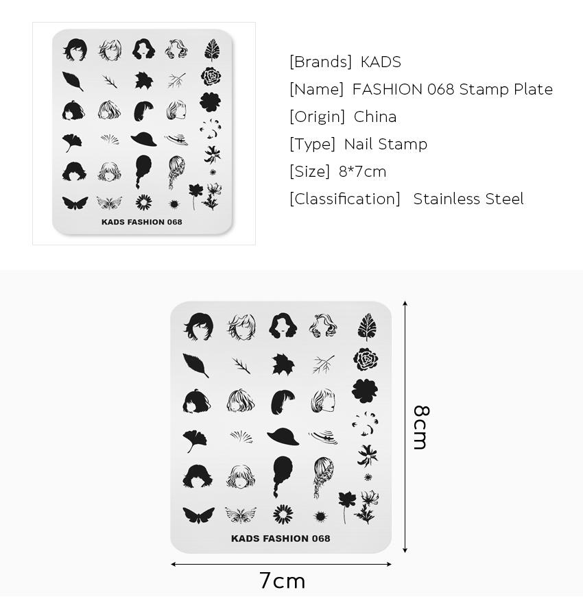 kads Mode 068 Nail Art Stempel Platte Frisur Mädchen Blätter Mode Design Nail Art Druck Vorlage Nail Art Schablone Werkzeuge