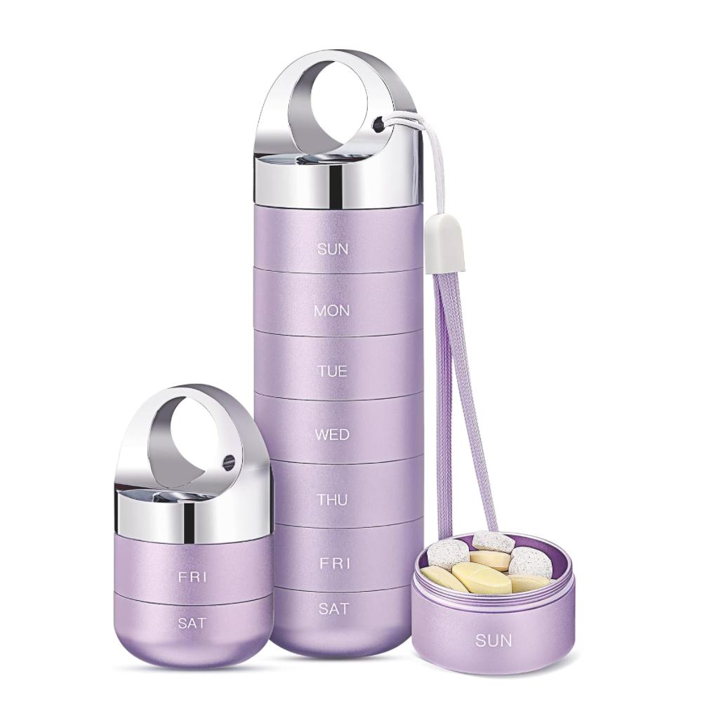 7 Day Stackable Aluminum Pill Organizer Waterproof Airtight Weekly Medicine Box Laser Engraved Labels Portable Travel Vitamin Supplement Container lila