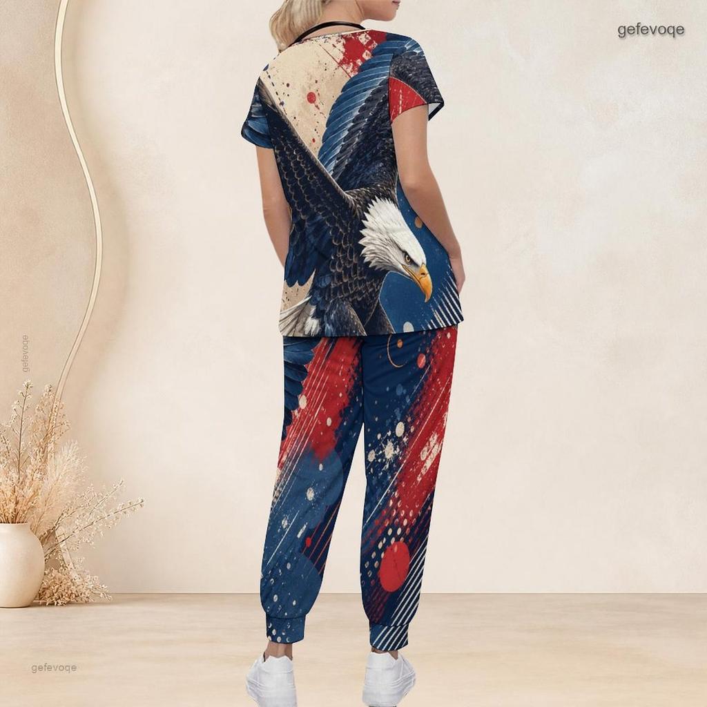 Damen Übergröße V-Ausschnitt Kurzarm Kasack-Set Marineblau Mit Roten Punkten Dekor Print Krankenschwester Uniform Set