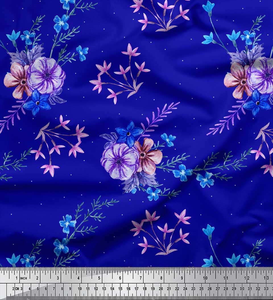 

Соймоі чорна японська креп-атласна тканина з листям і квітковим принтом барвінку на метр 42 дюйма 42 Inch Wide - Poly Crepe синій