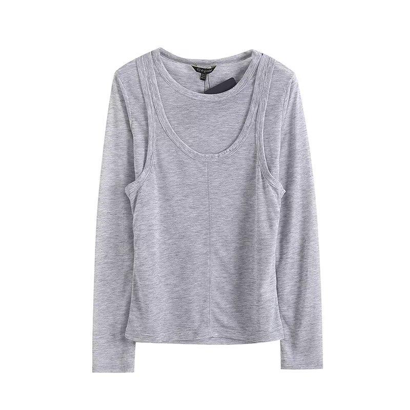 

Весна 2025 Женская Минималистичная Приталенная Двухслойная Трикотажная Футболка Имитация Двойки Large серый