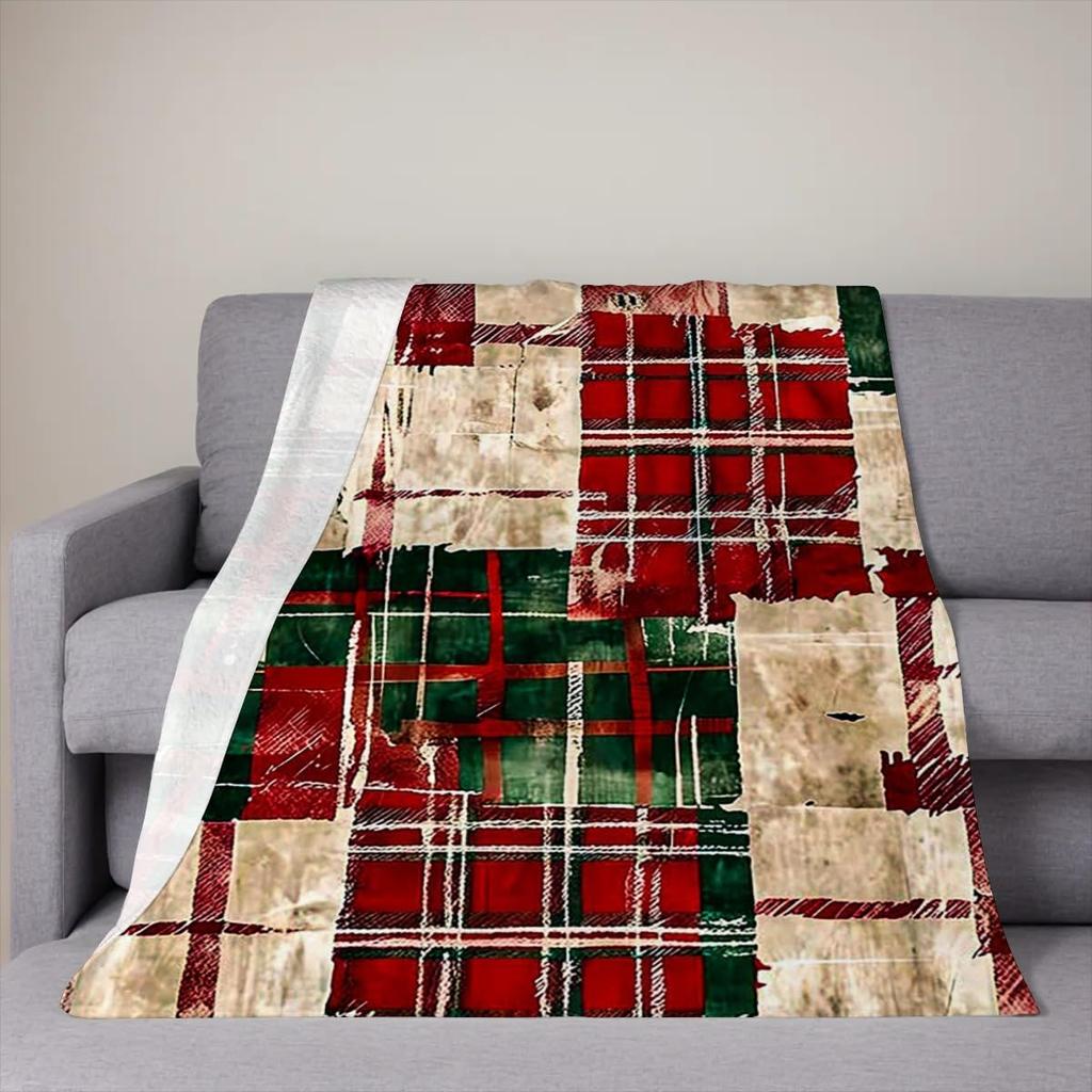 Weihnachts-Karo-Muster Flanell-Decke im Vintage-Stil, Weiche Anti-Pilling-Fleece-Decke für Couch, Sofa, Bett, Leicht