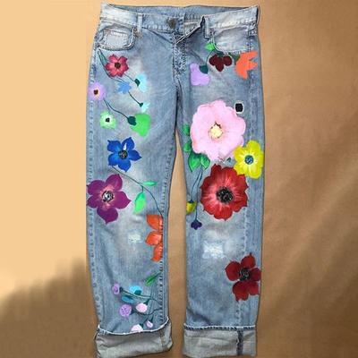 Damen Europäische und Amerikanische Trendige Print Ripped Slimming Straight-Leg Jeans