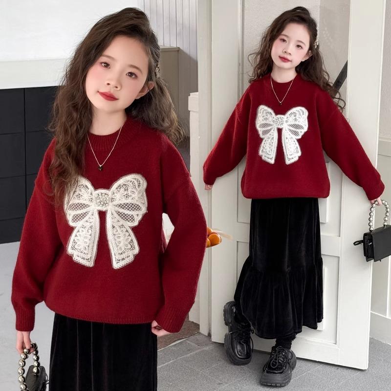 Girls' Red Bow Sweater Autumn and Winter Round Neck Korean Velvet Warm All-match Sweater