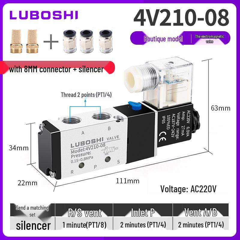 220V Pneumatický solenoidový ventil 4V410-15: 8mm Konektor, 2-polohový 5cestný řídicí ventil pro válec, 24V Směrový pneumatický ventil.