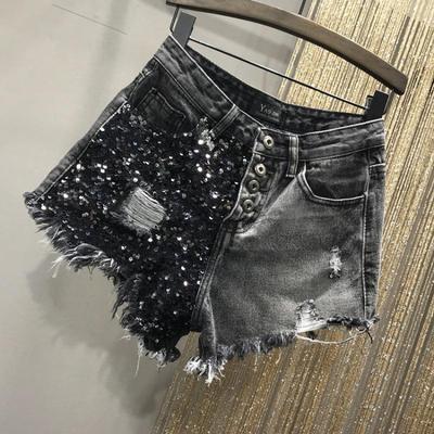 Pantaloni scurți din denim negru cu paiete noi de vară, supradimensionați cu talie înaltă, efect de slăbire, margine cu bavuri, pantaloni scurți perforați pentru femei