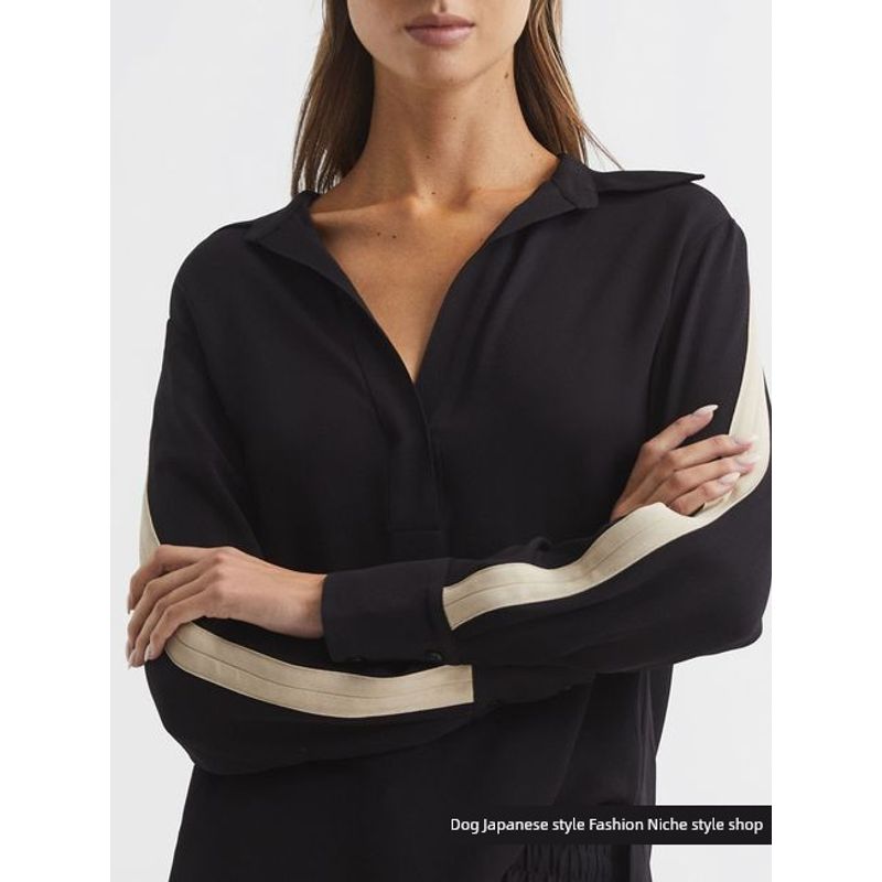

New Arrival British Pure Yuan Fashion Commuter Loose Women s Lapel V Neck Long Sleeve Pullover Shirt Women s Black UK12