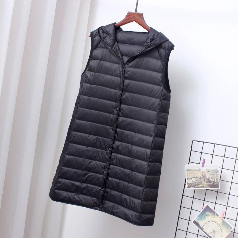 

Women s Autumn and Winter Medium-length Slim Hooded Down Waistcoat Solid Colour Lightweight Down Waistcoat XS чорний