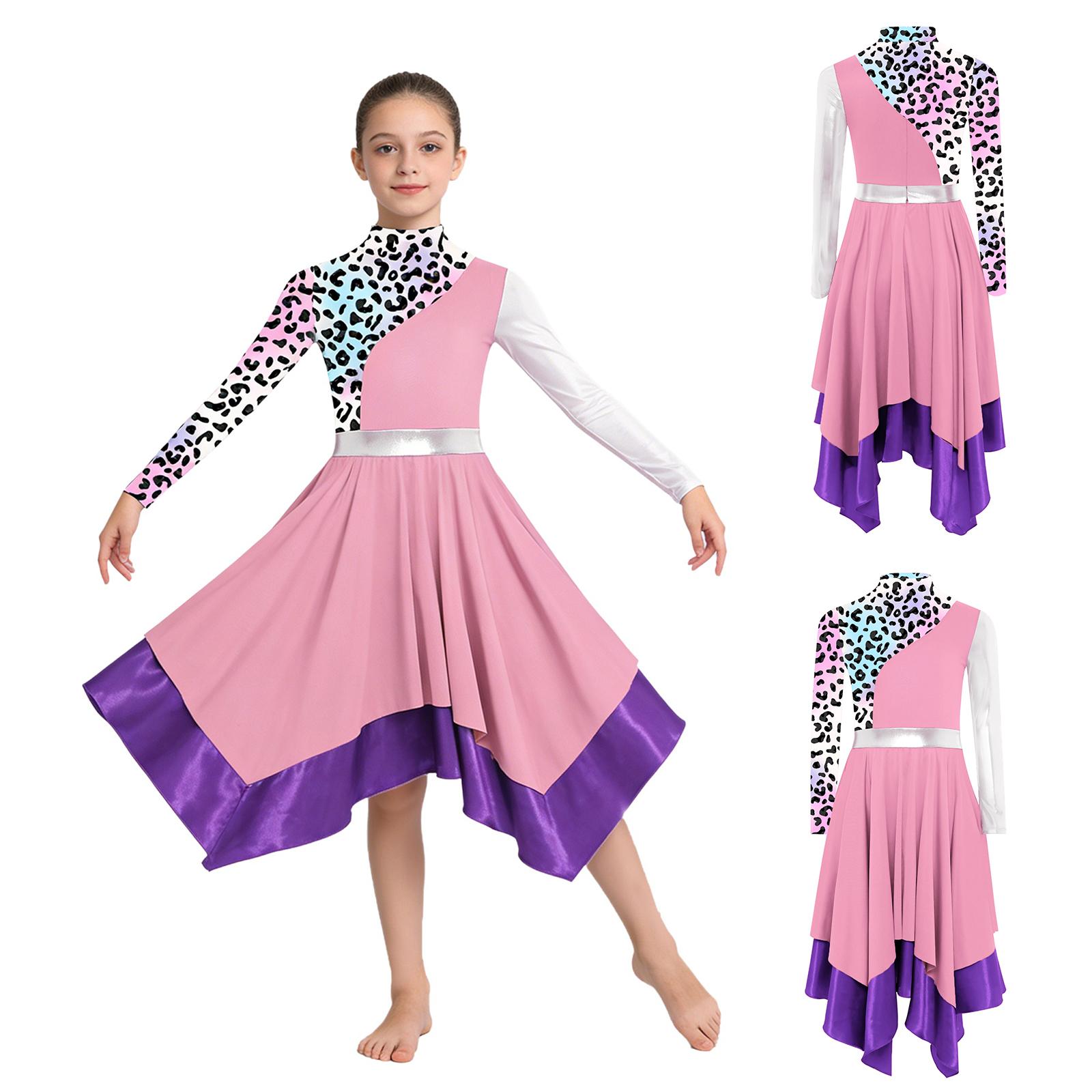 

Girls Liturgical Praise Dance Dress Mock Neck Long Sleeve Back Invisible Zipper Stylish Print Metallic Color Block Patchwork Irregular Hem for Church 5-6 Years рожевий