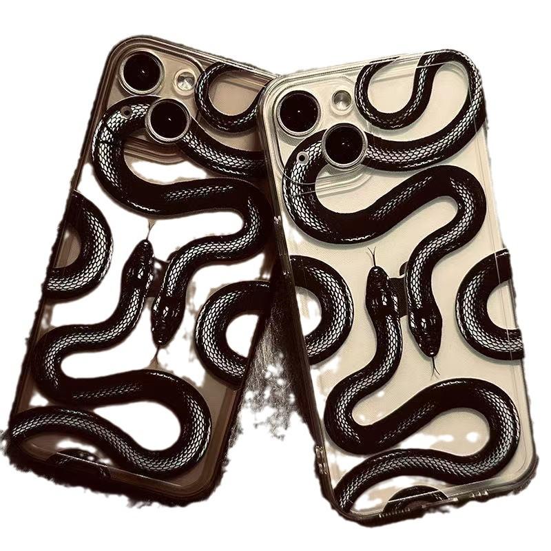 Creative Black Snake Is Suitable for Iphone16promax Mobile Phone Case, Transparent Apple 15 Anti-drop 14pro Europe and America 13/12