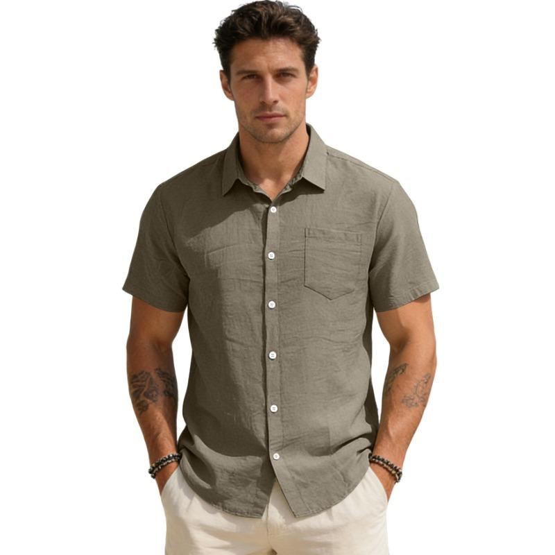 Mens Casual Solid Color Linen Blend Short Sleeve Button Up Shirt With Pocket