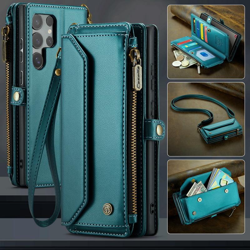 Custodia di Lusso in Pelle per Samsung S24 FE S23 Ultra S22 S21 Plus S20 S25 A16 A17 A57 A55 A35 A54 A34 S26 Tracolla con Cordino Portafoglio con Zip Slot per Carte Copertura