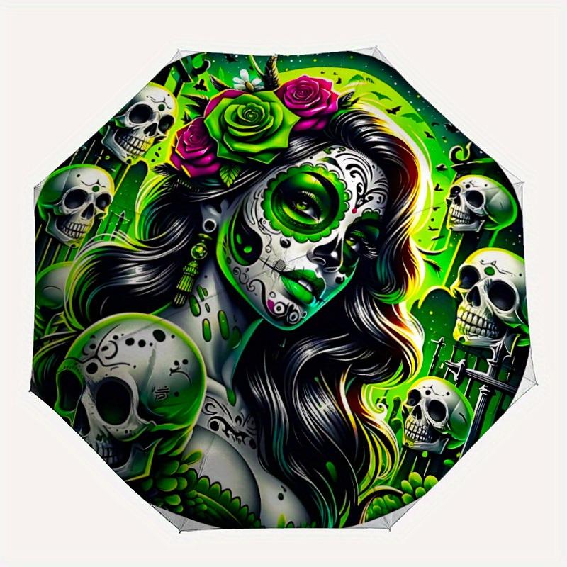 

1pc Day of the Dead Automatic Open/close Folding Umbrella, Compact Portable Travel Umbrella, Perfect Birthday/Christmas, Cute Umbrella, Dura