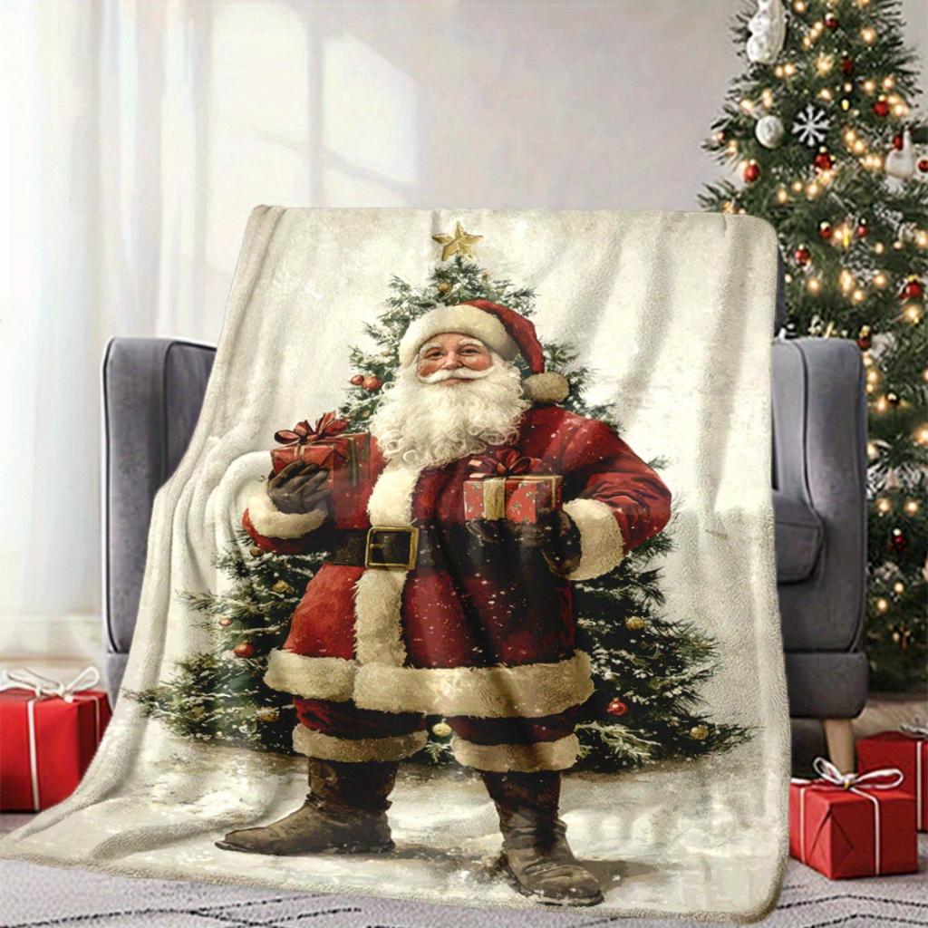 Santa Claus Pattern Flannel Blanket - Soft and Warm, Suitable for Sofas, Beds, Camping, and As a Holiday Gift for Boys and Girls