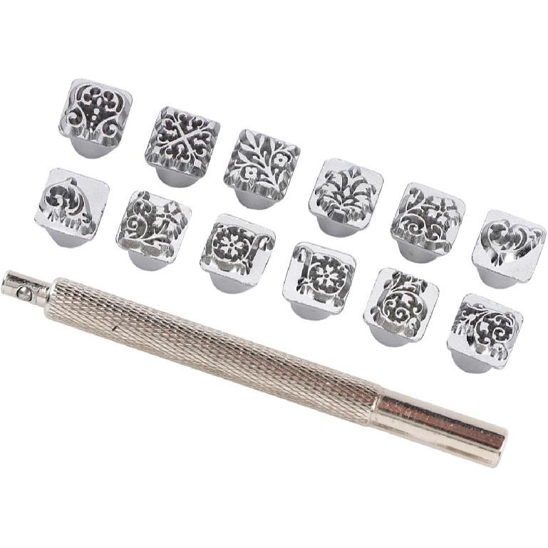 12PCS Leather Stamping Tools, 12 Patterns Zinc Alloy Leather Craft Stamps Punch Set Tool, Flower Design Leather Stamper for Leather Craft DIY Jewelry