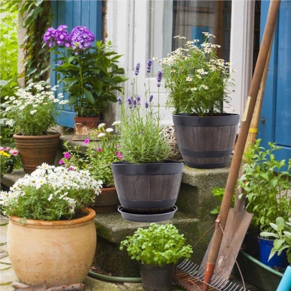 Breathable Round Flower Pot No Deformation Flower Bucket Ornament Simulation Wood Barrels  Yard