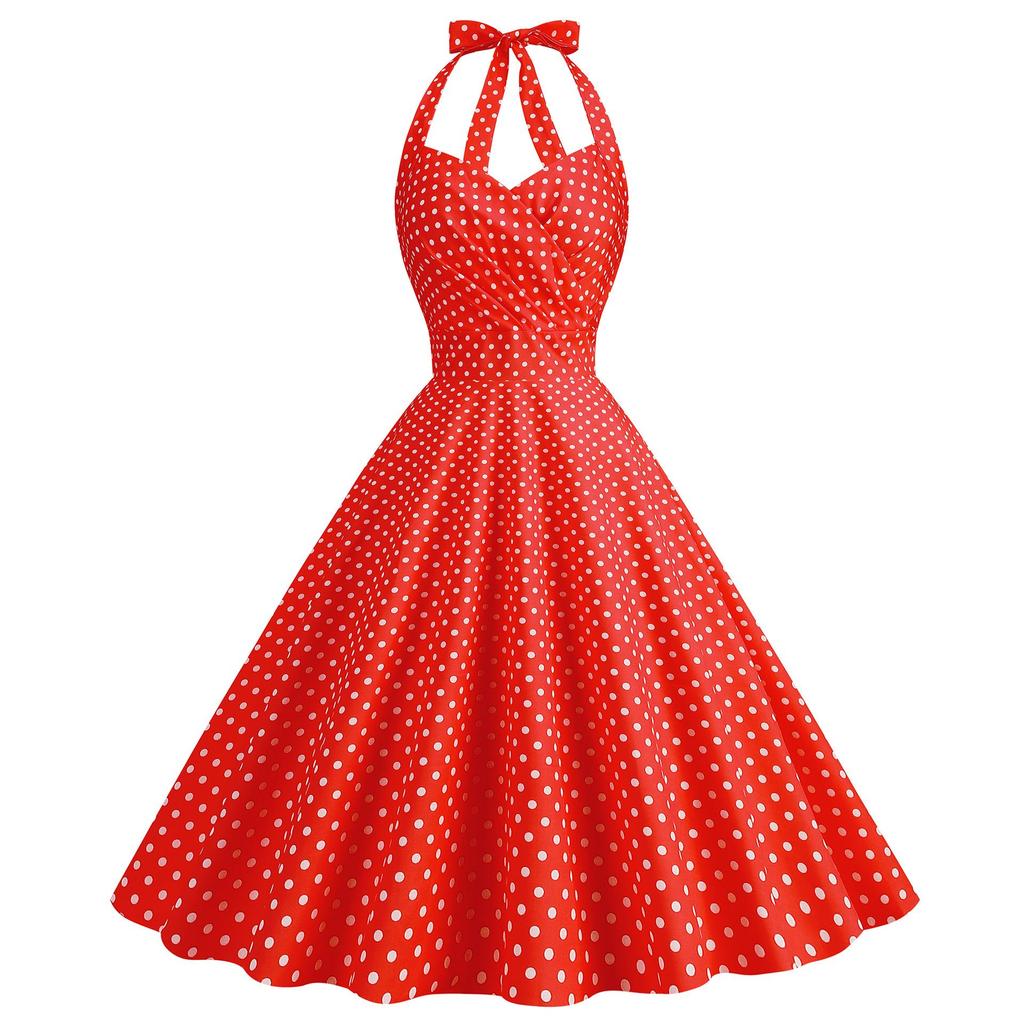 2023 Hot-Selling Barbie Pink Polka Dot Halterneck Ruched Swing Dress
