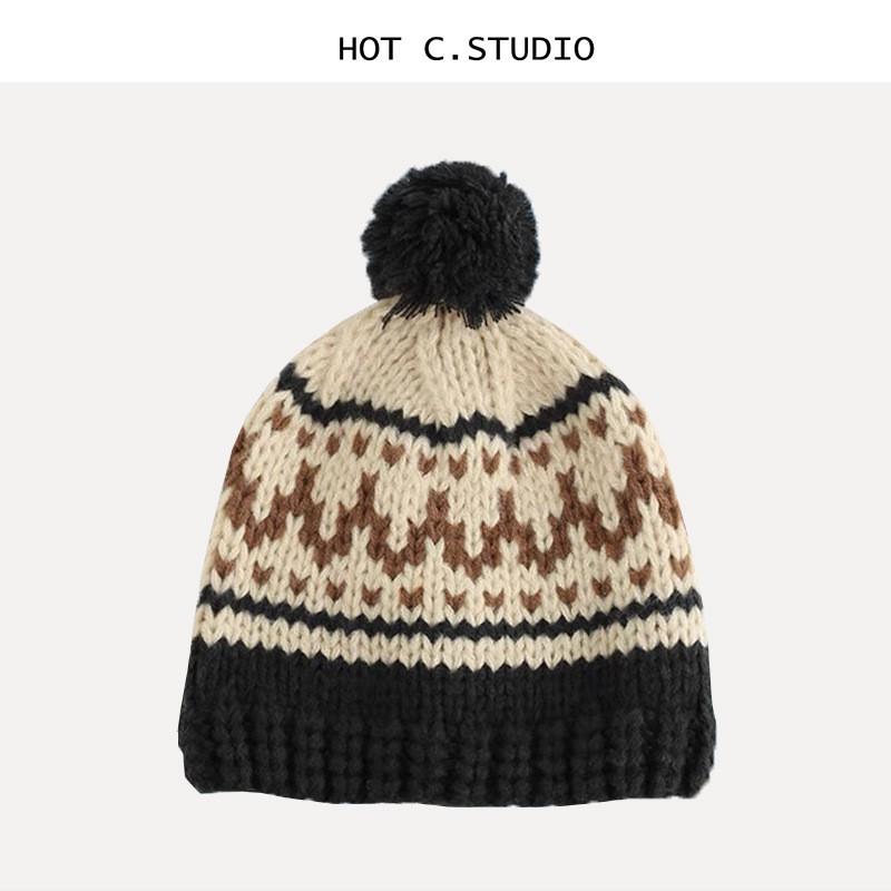 Warm Vintage Knit Beanie Hat Women With Pom Acrylic Winter Cap Students Daily Wear Black Gray