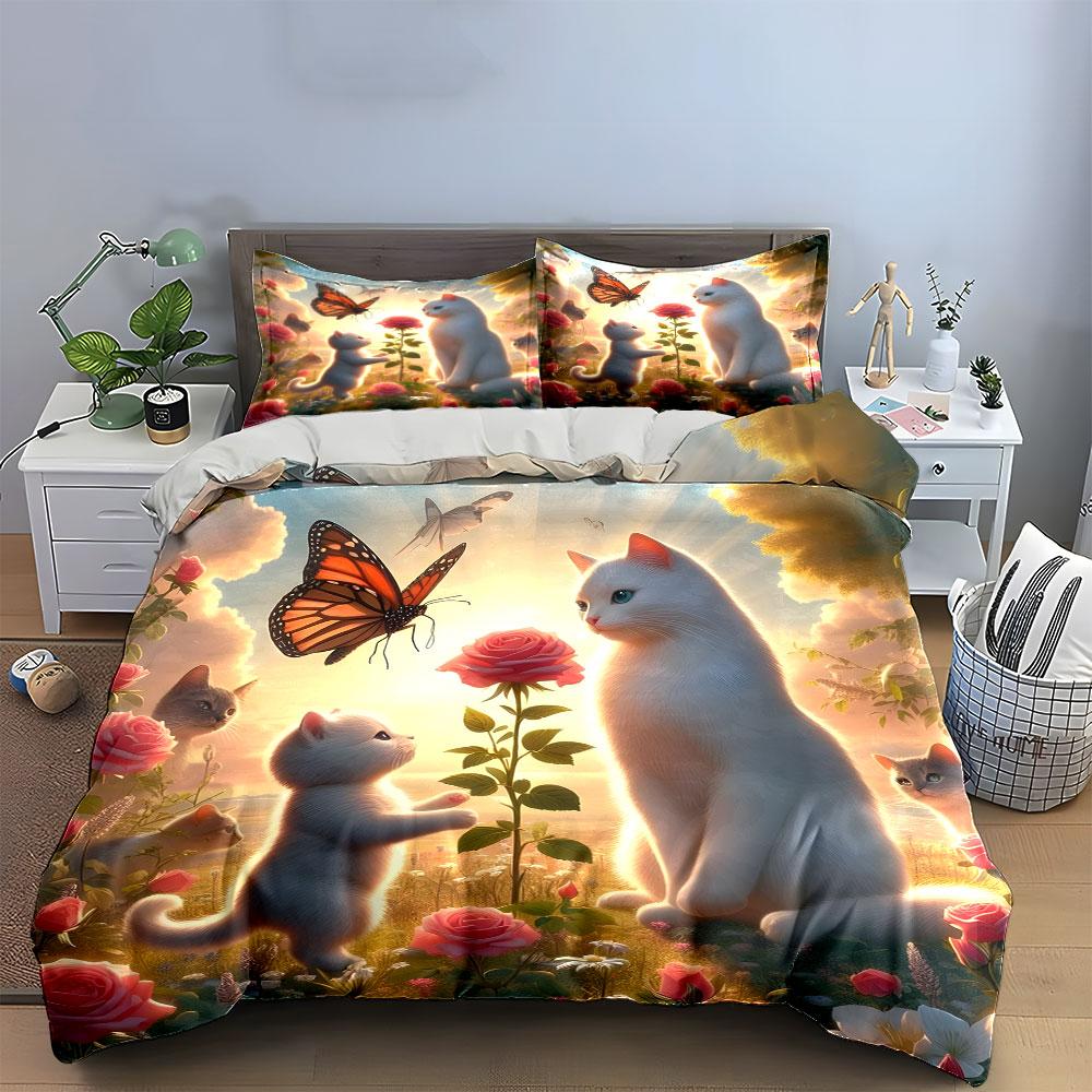 Whimsical Feline Garden Dream. Bedding Sets Duvet Covers Pillowcases(1* Duvet Cover 2* Pillowcases Without Duvet Insert)