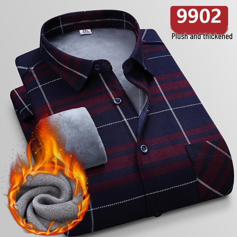 

Men s Thick Fleece-Lined Plaid Long Sleeve Shirt - Business Casual Plus Size Winter Base Layer L suitable for 100-120 jin