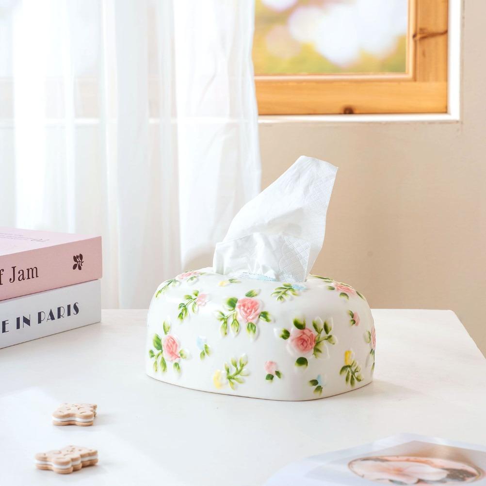 French Relief Rose Tissue Box Ceramic Tissue Case Household Kitchen Organizers Storage Living Room Coffee Table Decoration