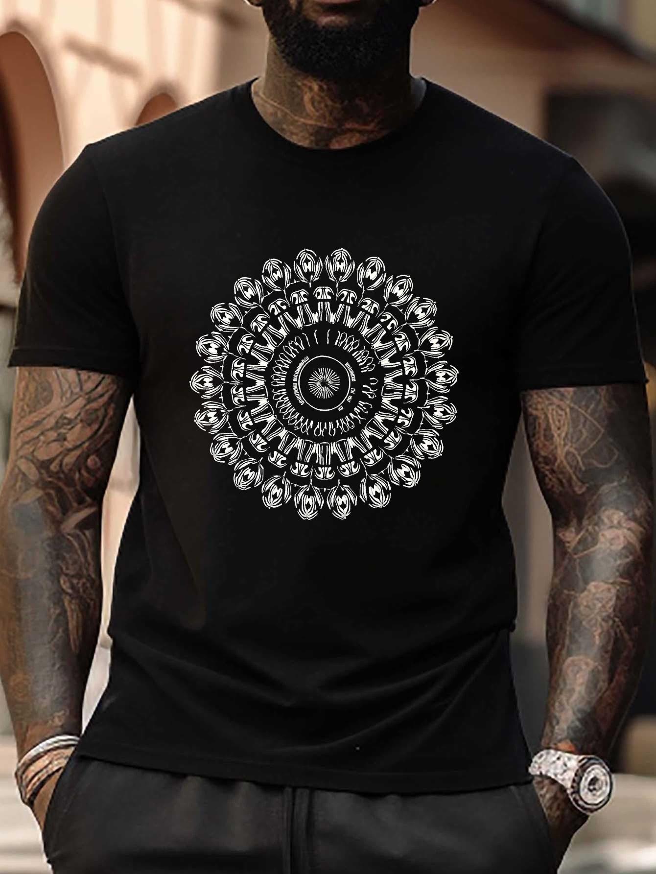 Plus Size Black T-shirt with Intricate Mandala Geometric Pattern - Short Sleeve S
