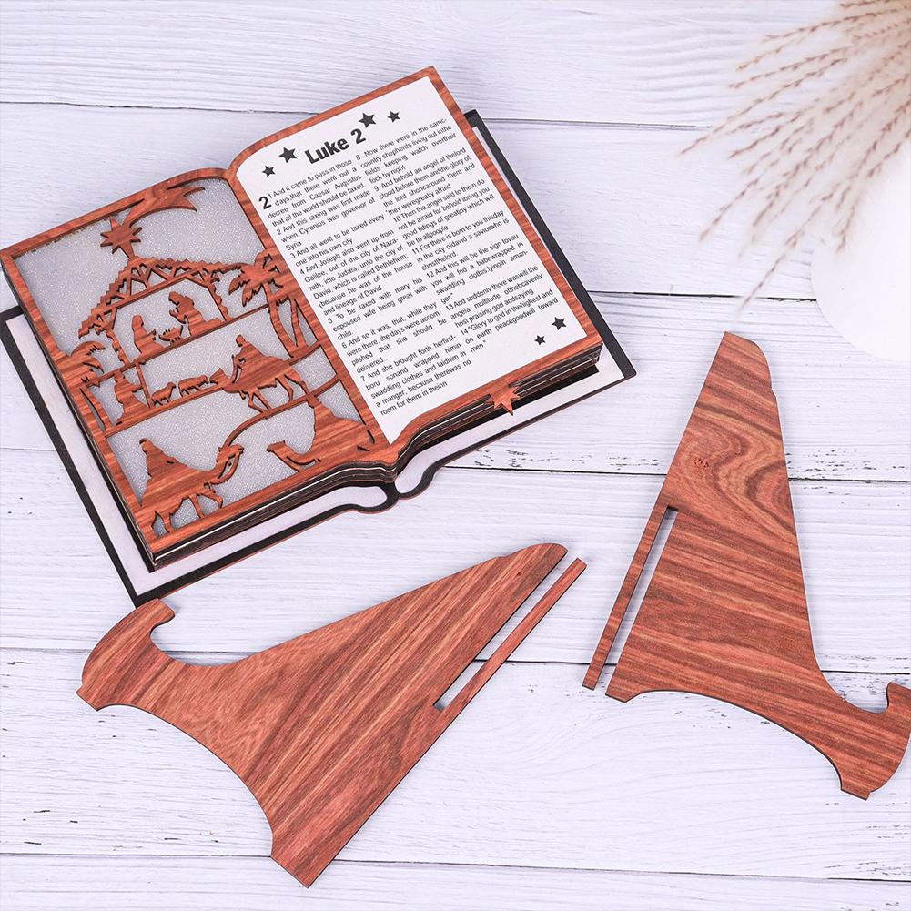 Nativity Scene Figurine Wood Stand Book Bible With LED Light Wooden Xmas Creative Art Craft Christmas Atmosphere Decoration