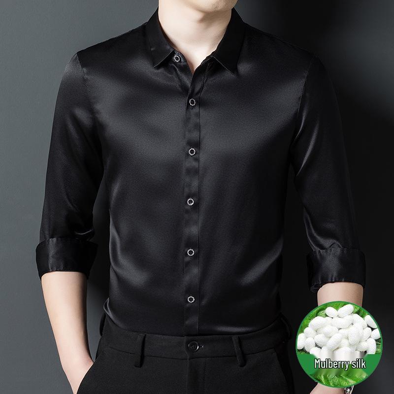 Premium Mulberry Silk Long-Sleeve Men's Shirt - Non-Iron, Solid Color, Business Casual for Autumn and Spring