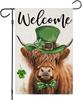Welcome St Patricks Day Garden Ags for Outside, Highland Cow with Green Hat Lucky Shamrocks Yard Decoration, Small Seasona PPZ