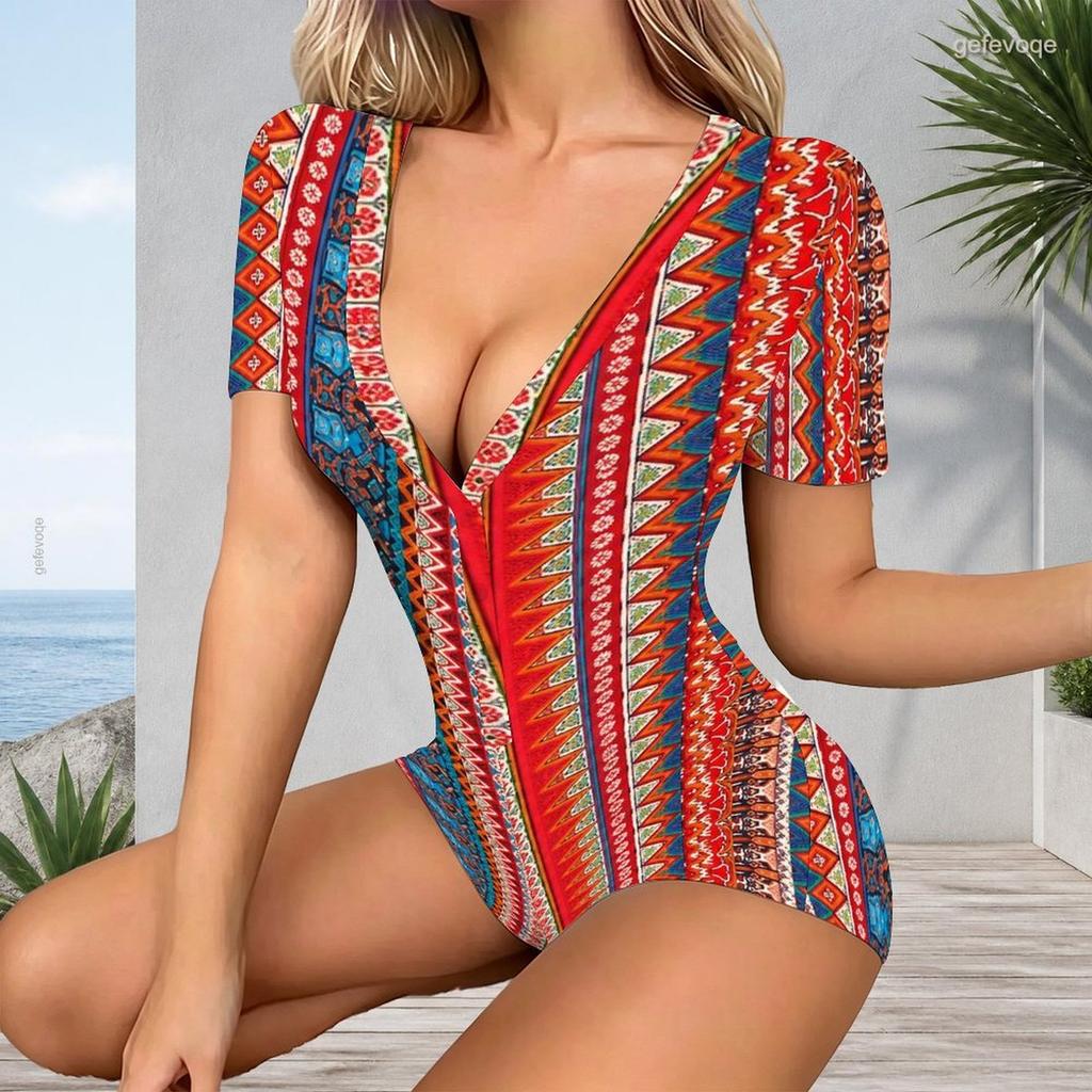 Women Plus Size Printed V Neck Short Sleeve Button Front Romper Fitted Short Length