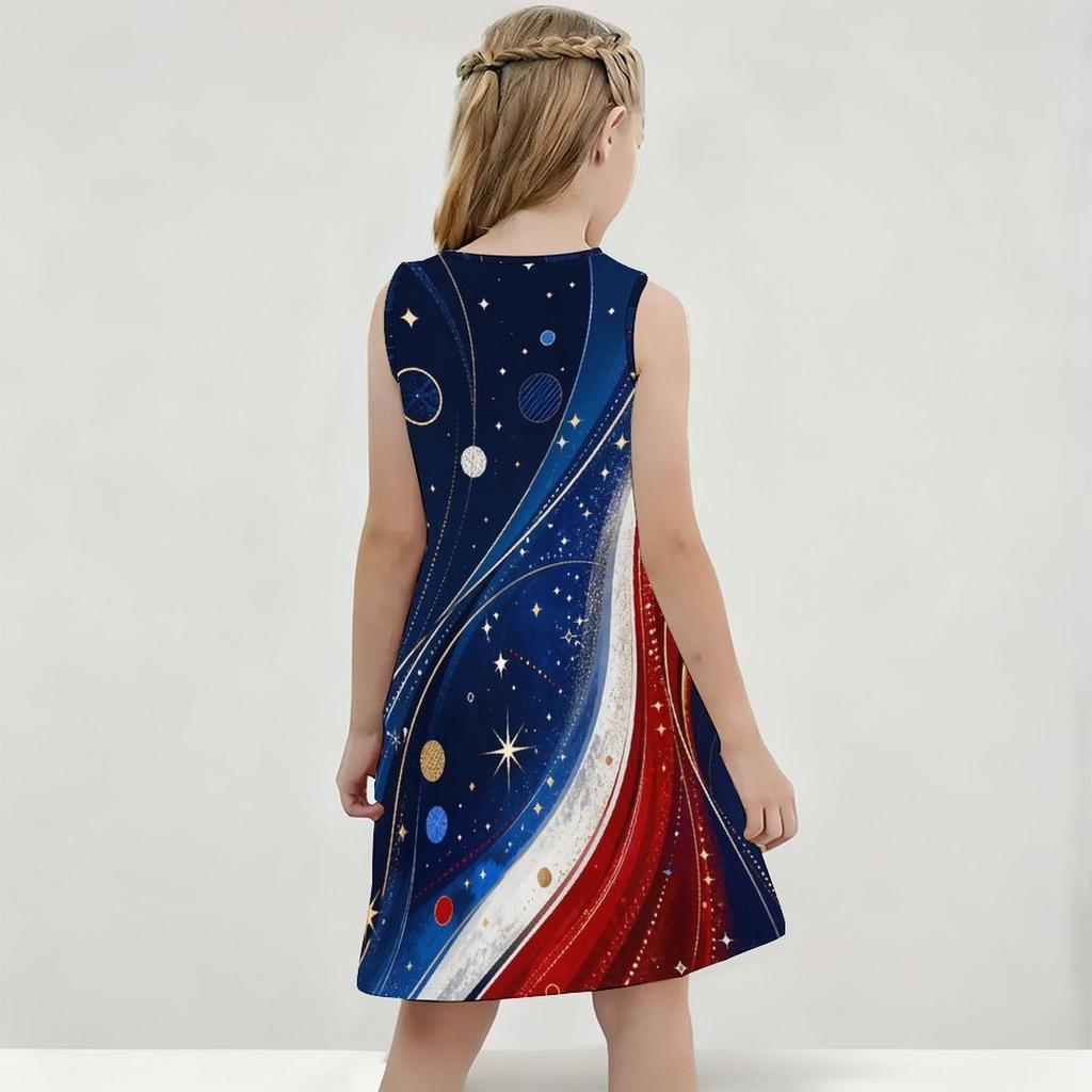 Girls Round Neck Sleeveless Galaxy Printed A Line Flared Dress Red White Blue