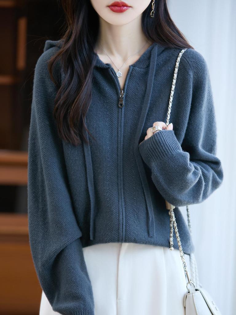 Women's Thick Wool Zipper Hooded Cardigan: Autumn/Winter Fashion, Loose Knit, Long Sleeve Sweater Coat.