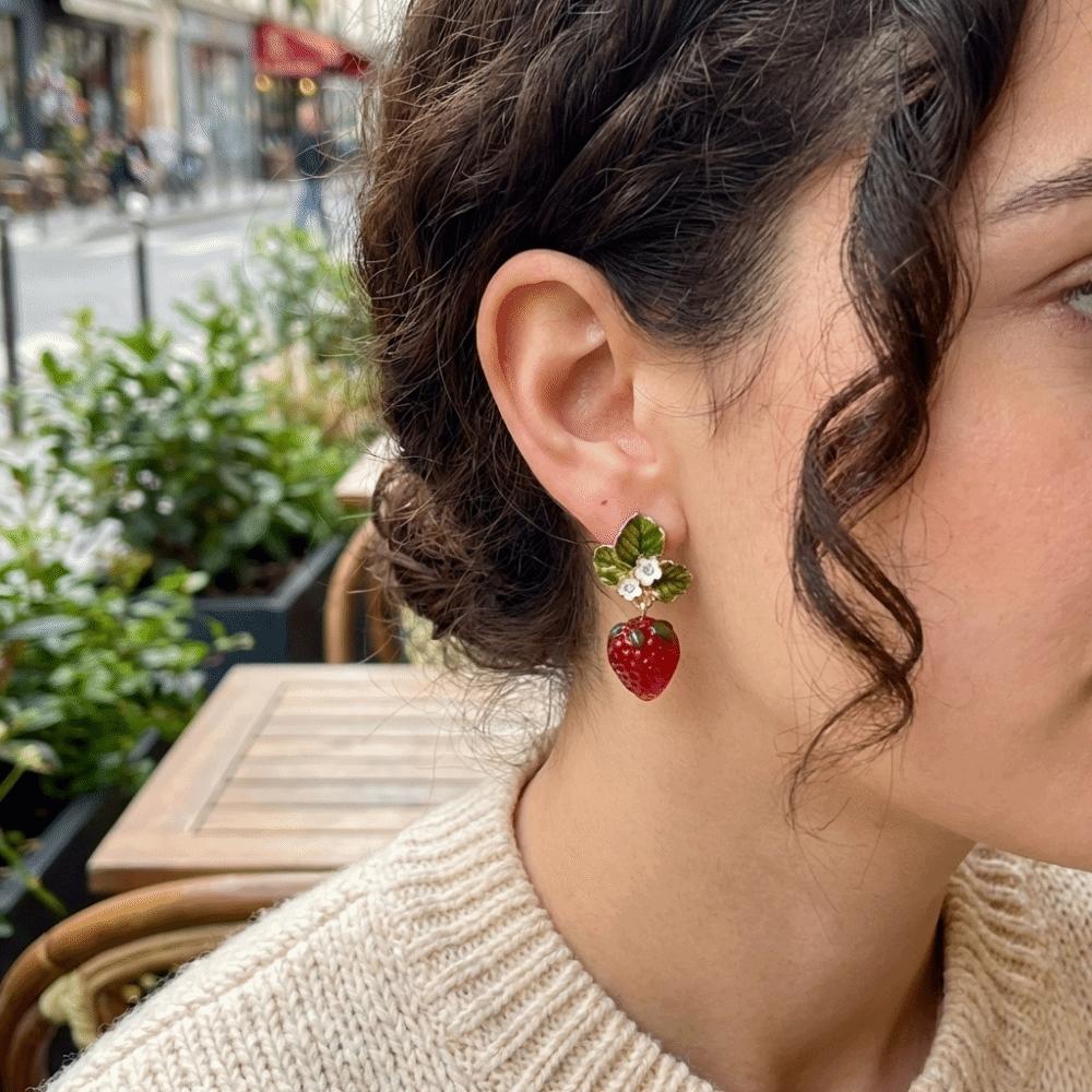 Green Leaves Simulated Fruit Earrings Dainty Flower Drop Earrings Strawberry Drop Earrings Girls