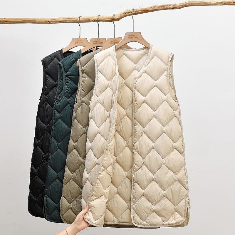 Womens Lightweight Down Vest Mid-Length V-Neck Sleeveless Puffer Waistcoat Winter Layering