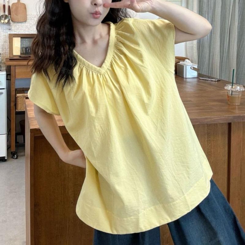 

Solid Color Women s Shirt Loose V-neck Pleated Ladies Short Sleeved Blouse Summer New Trend Famale Pullover Casual Top M жёлтый