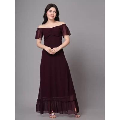 Women Maxi Wine Long Short Sleeves Dress Party Wear Top Georgette Kurta Dress VF-1872c