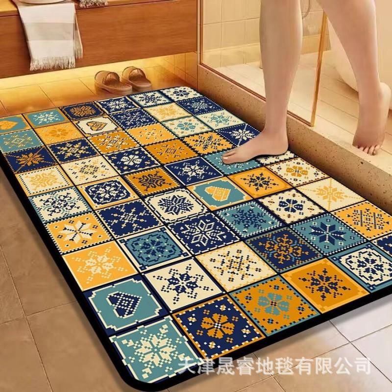 Classic European Style Bath Mat Non-Slip Absorbent Floor Rug Bathroom Entryway Hallway Square Shape