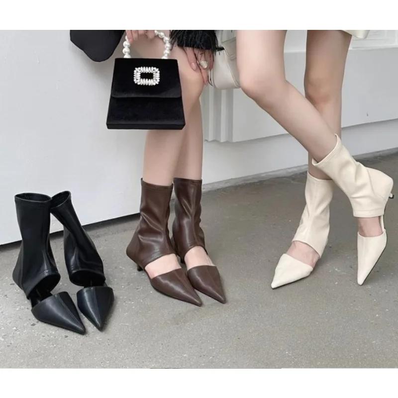 Nové černé špičaté vyřezávané cool boty boty na vysokém podpatku rukáv elastické dámské boty společenské boty jehlové módní boty Mujer