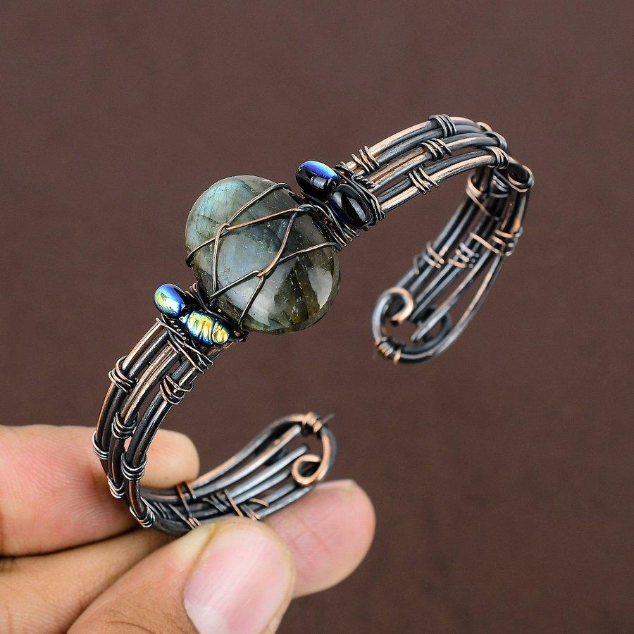 Natural Labradorite Gemstone Handmade Copper Wire Wrap Cuff Bangle Adj. M1t29