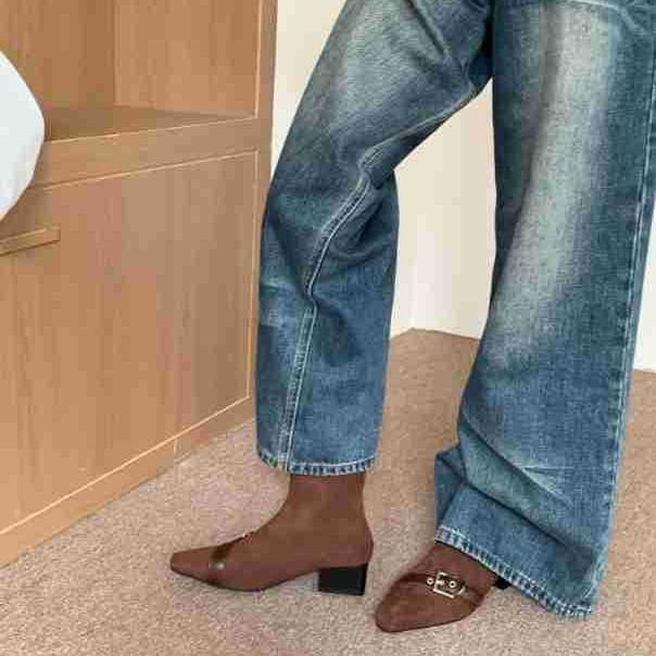 Autumn new belt buckle short thin boots women's small square head thick heel fashion boots