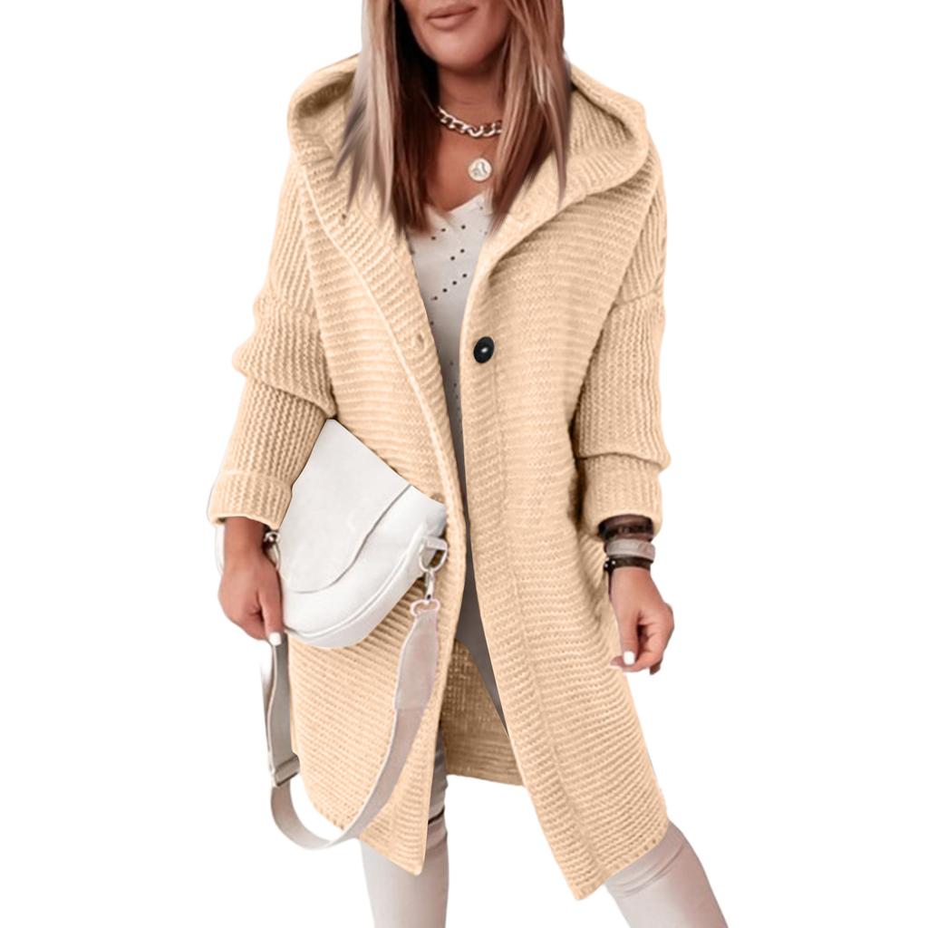 Women's Color Hooded Knit Cardigan Long Sweater Coat for Fall and Winter
